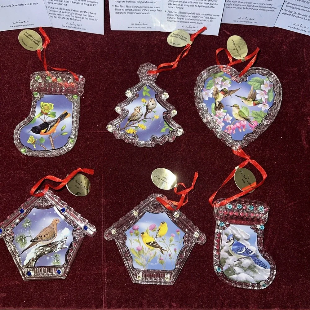 Collection of 6 Danbury Mint‎ Song Bird Crystal Christmas Ornaments